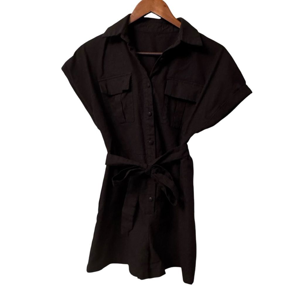 Black Linen Blend Collared Romper